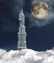 High tower over the clouds in a full moon night